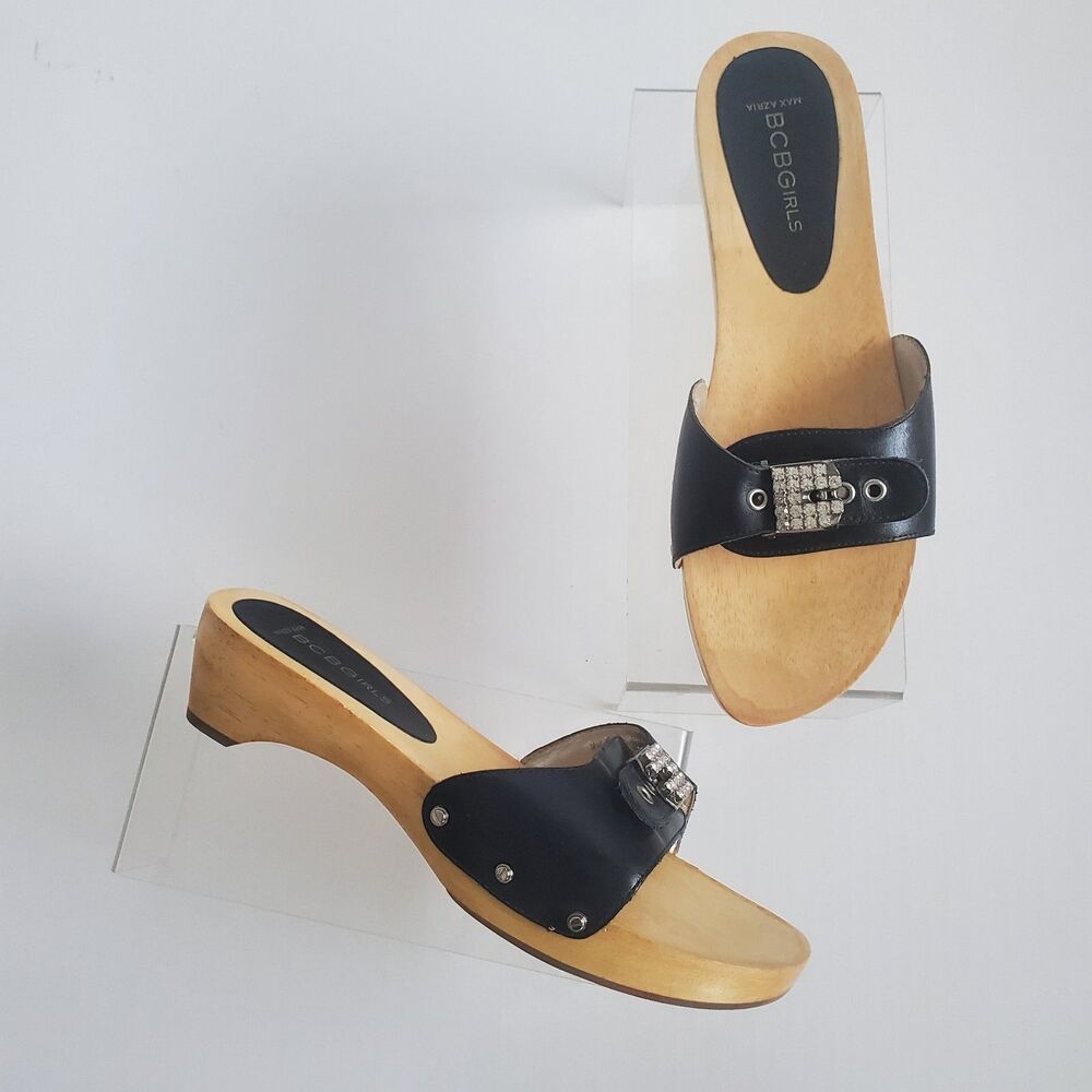 Vintage BCBGirls Wooden Sandals Size 7B 37 Black Rhinestone Slides 2" Heels Y2K
